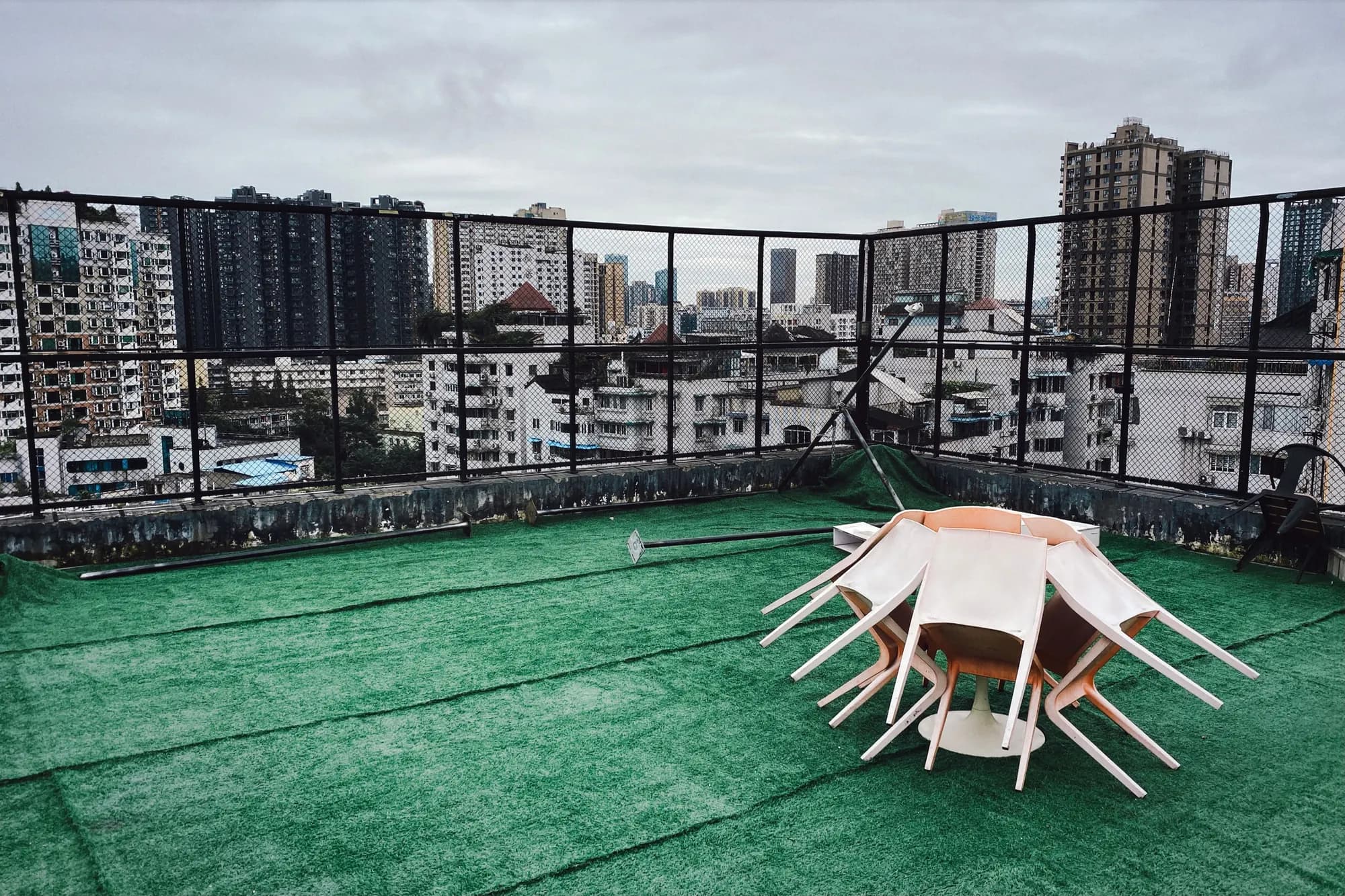 Rooftop covered with artificial grass in the city
