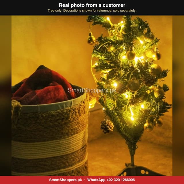 2 ft Christmas tree with fairy lights next to a basket