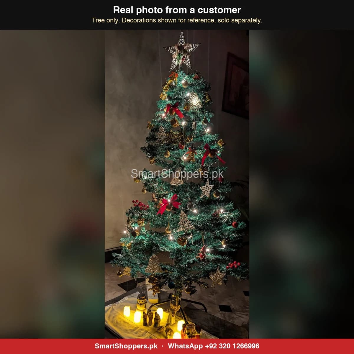 Real customer photo of a 5 ft green artificial Christmas tree bought from SmartShoppers.pk