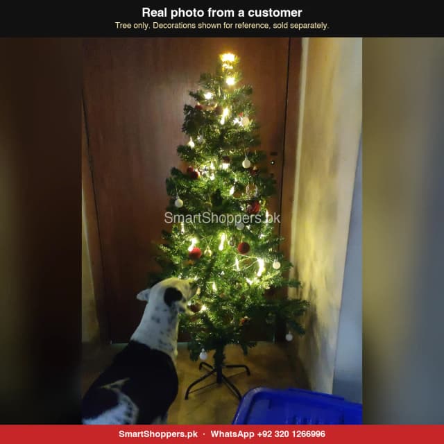 6 ft green Christmas tree with warm fairy lights and a dog beside it