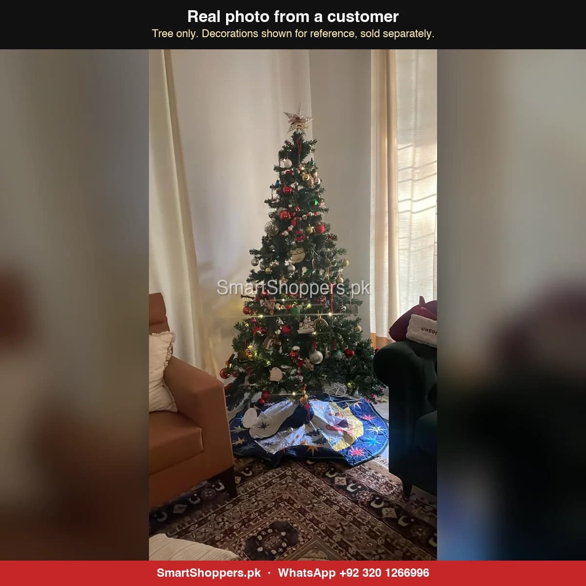 Real customer photo of a 7 ft green artificial Christmas tree bought from SmartShoppers.pk