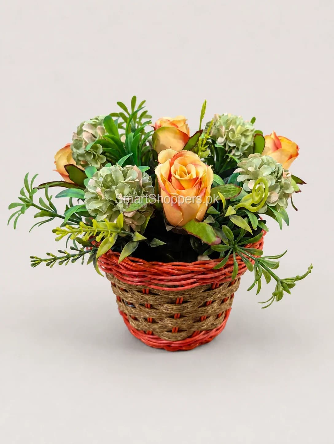 Artificial Peach Rose Flower Basket Arrangement
