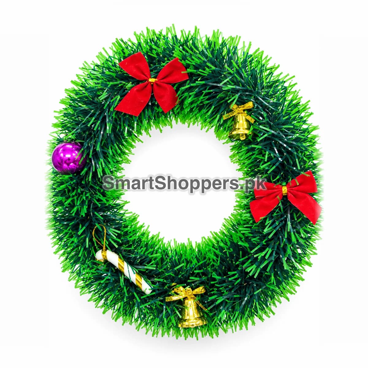 Round green tinsel Christmas wreath with red bows, gold bells, a candy cane and a purple ball