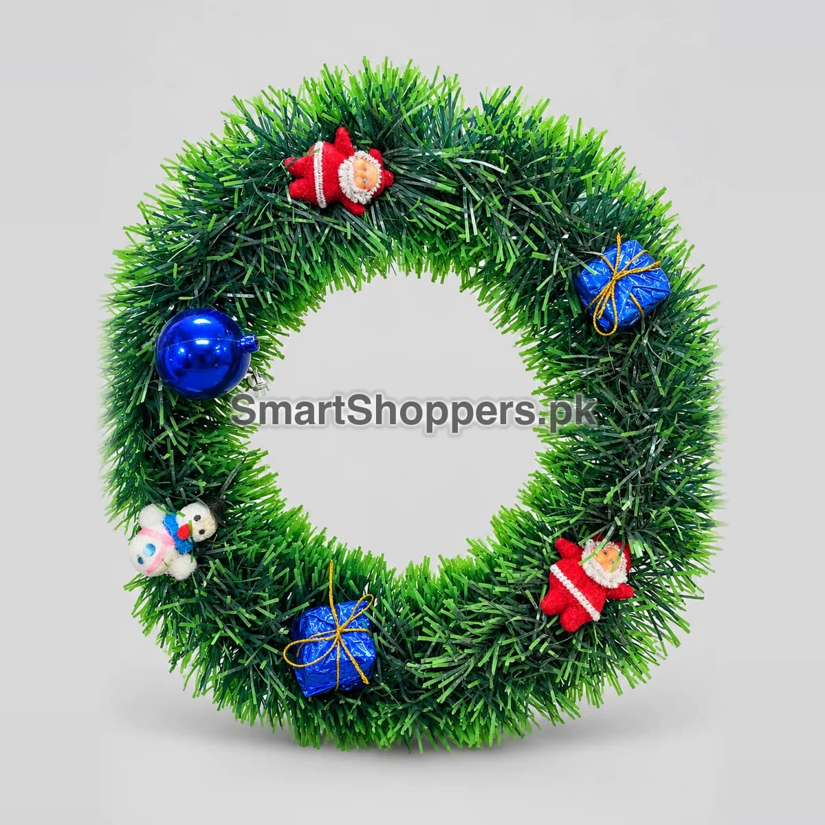 Green Christmas wreath with Santas, blue gift boxes, a blue ball and a snowman