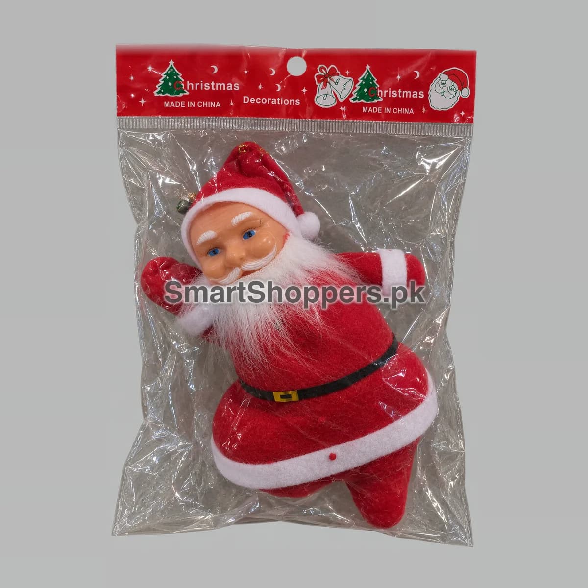 Large hanging Santa with a red suit, white beard and black belt, in his bag