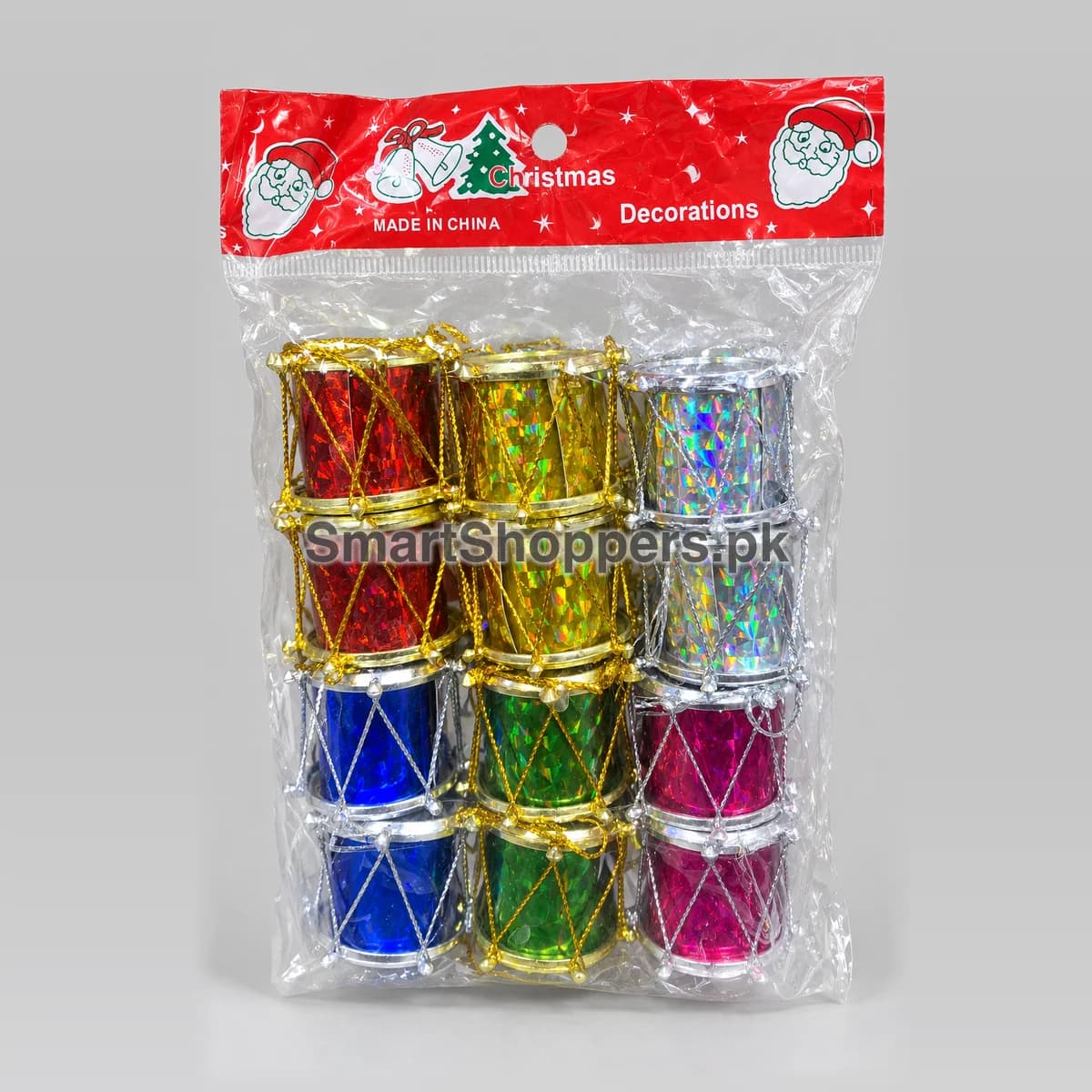 Pack of 12 shiny multicolour drum ornaments in red, gold, silver, blue, green and pink, in their bag