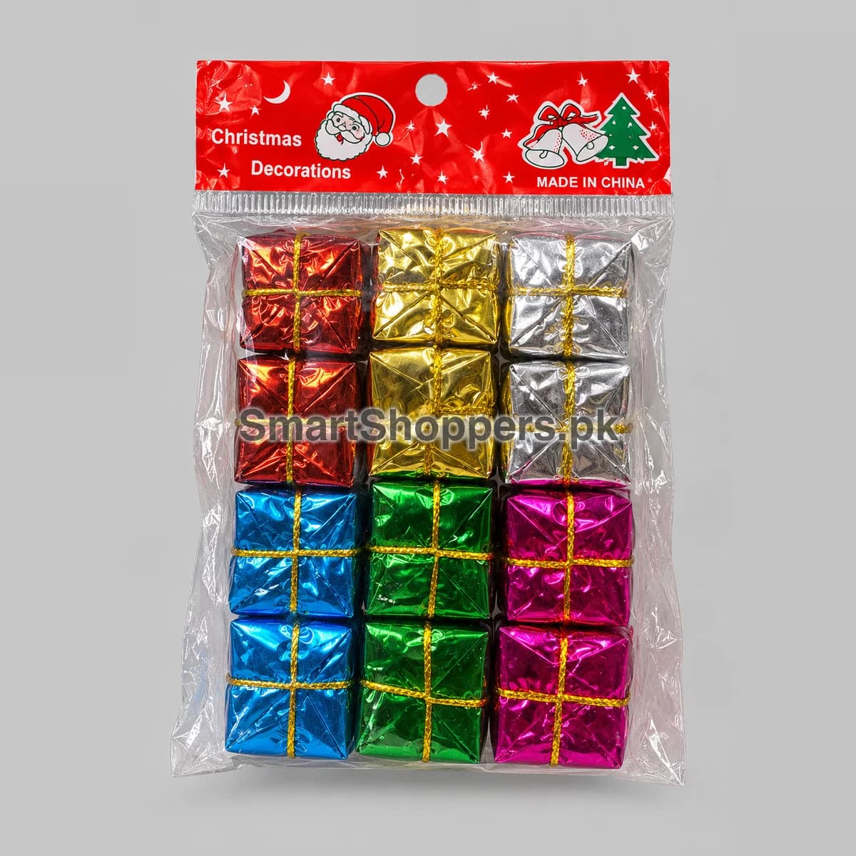 Pack of 12 shiny foil gift box ornaments in red, gold, silver, blue, green and pink, in their bag