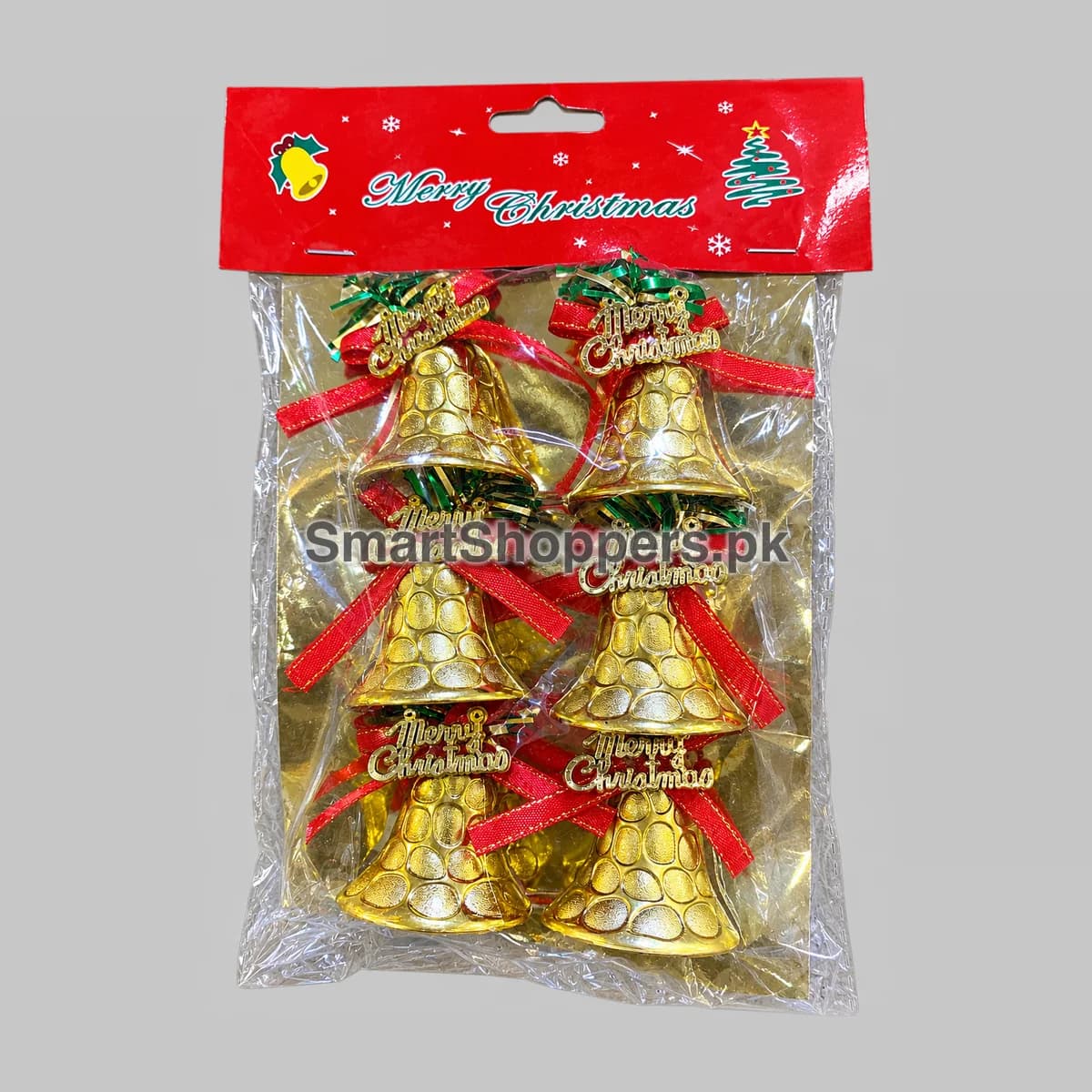 Pack of 6 gold bells with red bows, green tinsel and gold Merry Christmas tags, in their bag