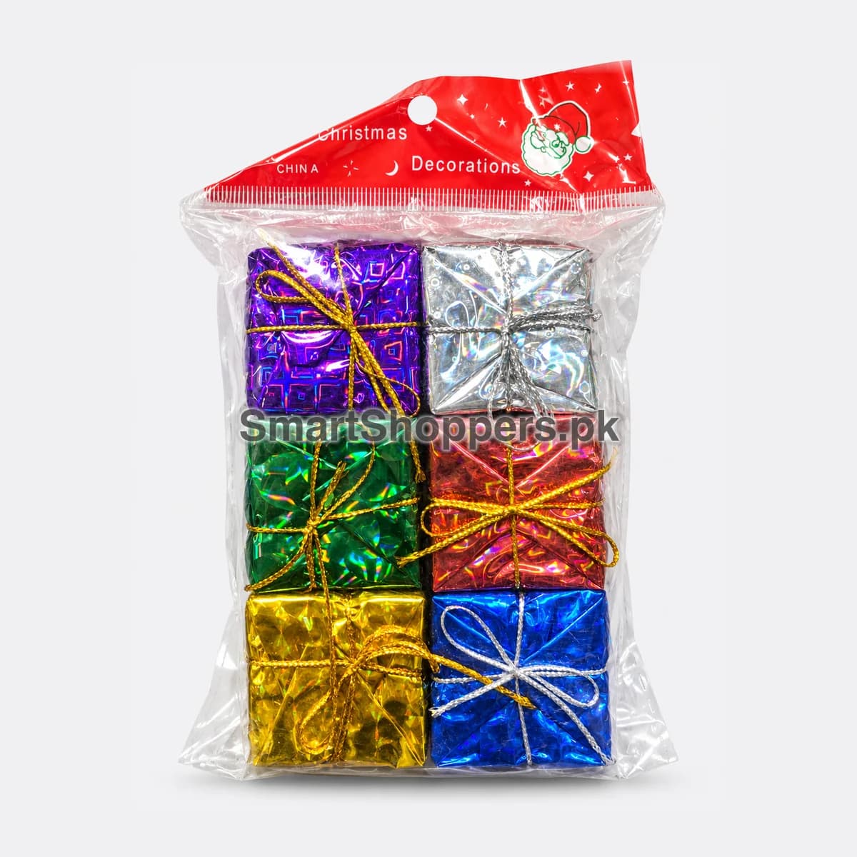 Pack of 6 shiny gift box ornaments in purple, silver, green, red, gold and blue