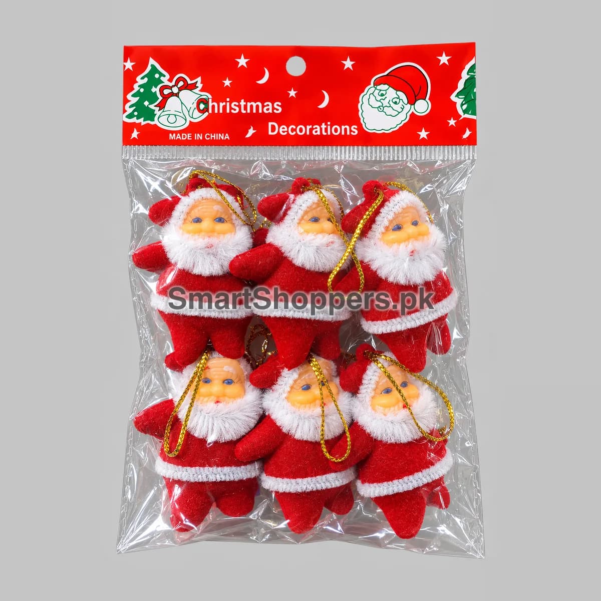 Pack of 6 medium red and white Santa ornaments with gold hanging cords, in their bag