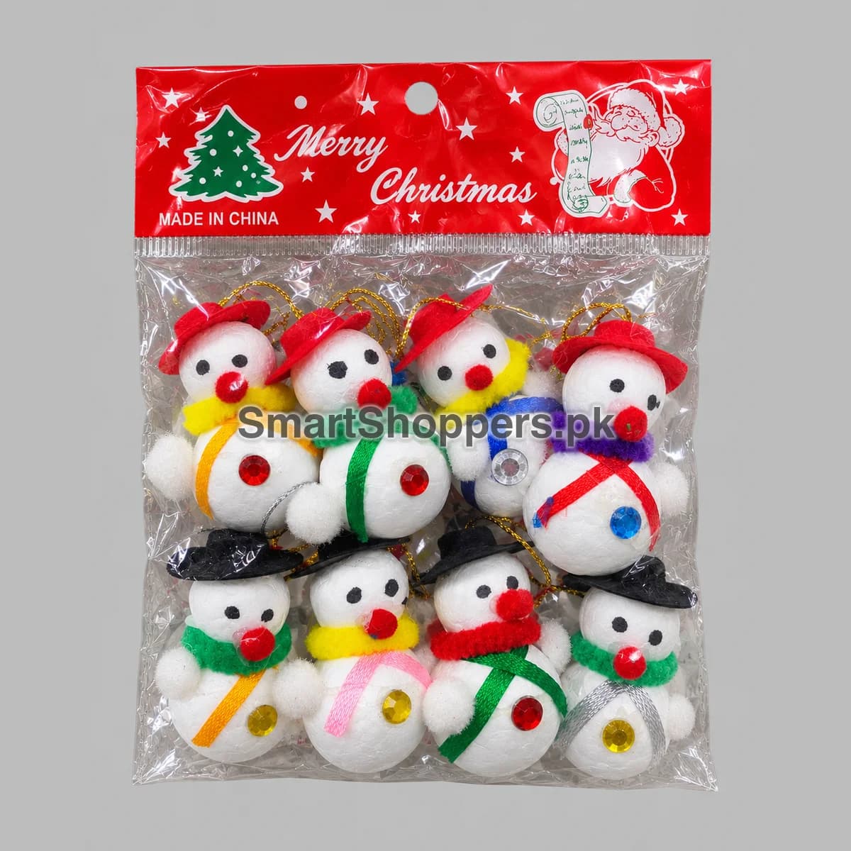 Pack of 8 white snowmen with red and black hats, colourful scarves and jewel buttons, in their bag