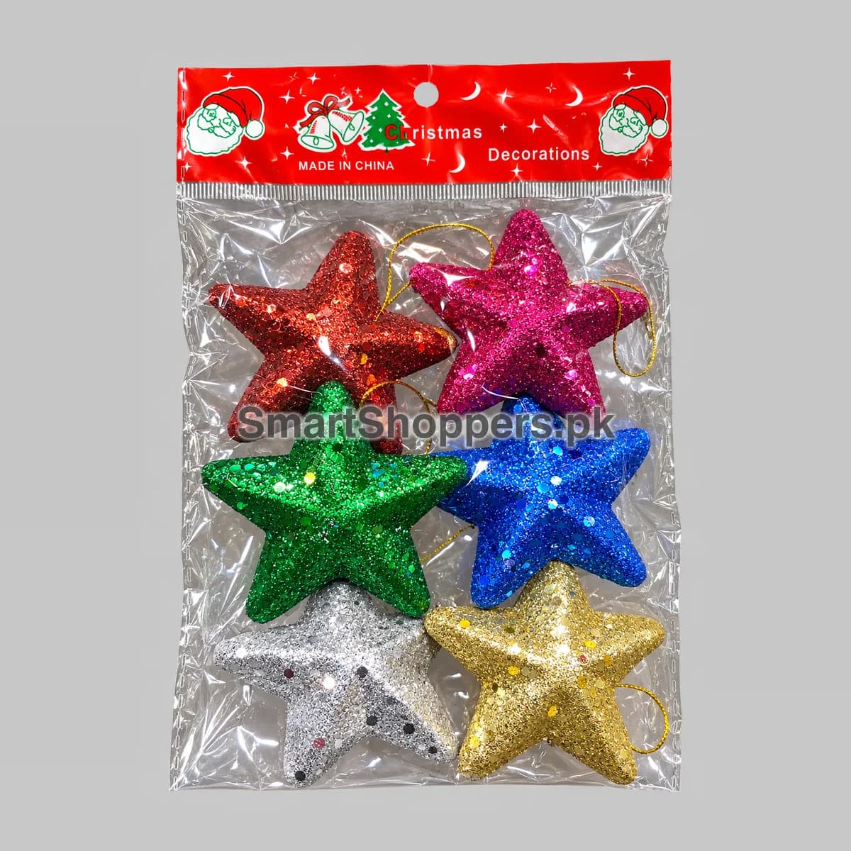Pack of 6 glitter star ornaments in red, pink, green, blue, silver and gold