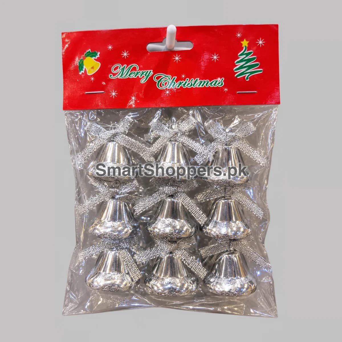Pack of 9 shiny silver plastic bells with silver mesh bows, in their bag