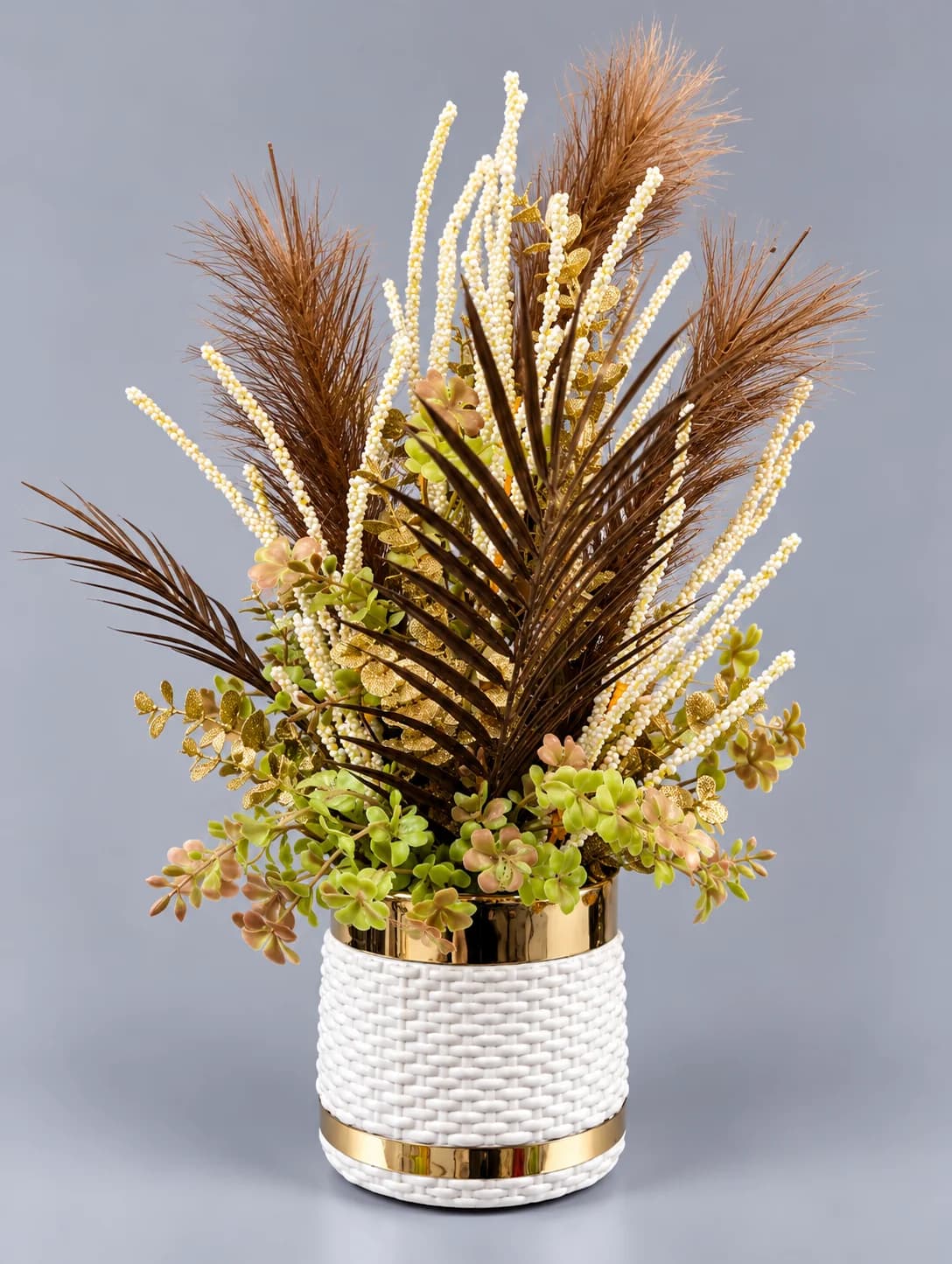 Artificial Brown Pampas Arrangement in White Woven Gold Band Pot