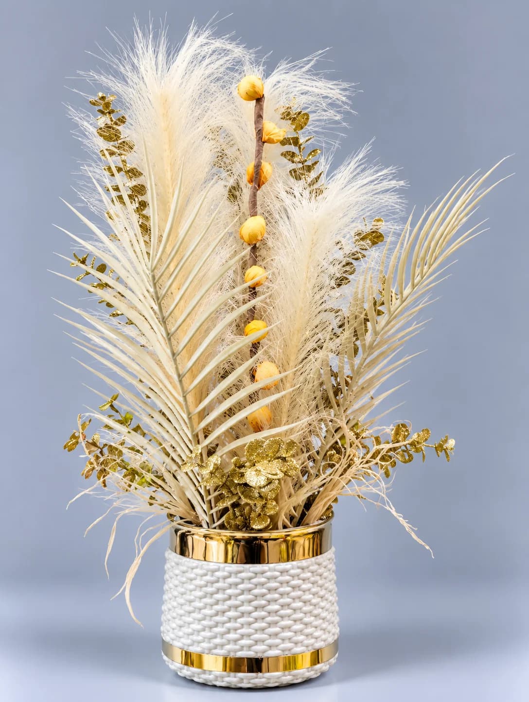 Artificial Cream Pampas and Palm Arrangement in White Woven Gold Band Pot