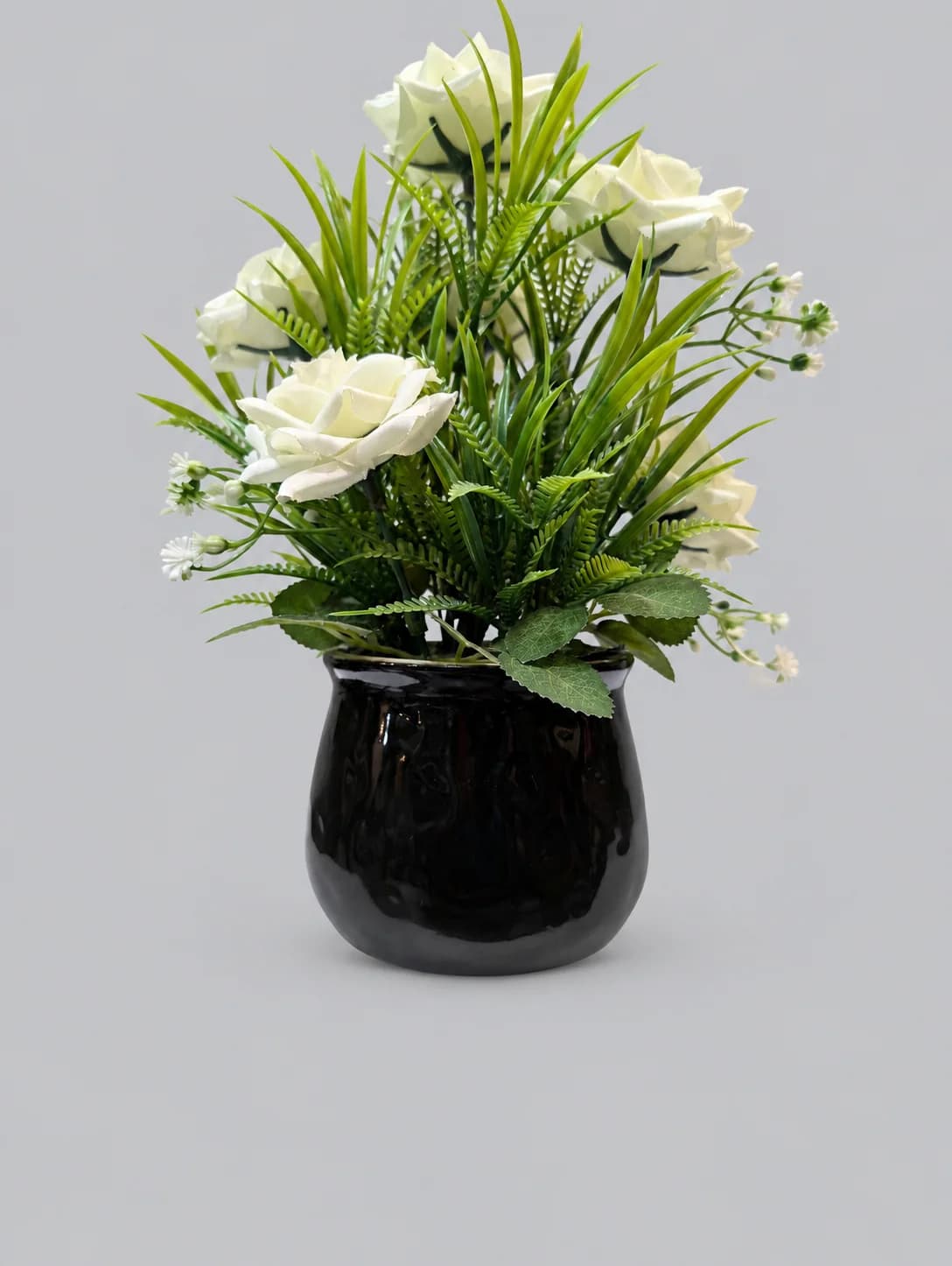 Artificial Cream Rose-Style Flower Arrangement in Black Glossy Pot