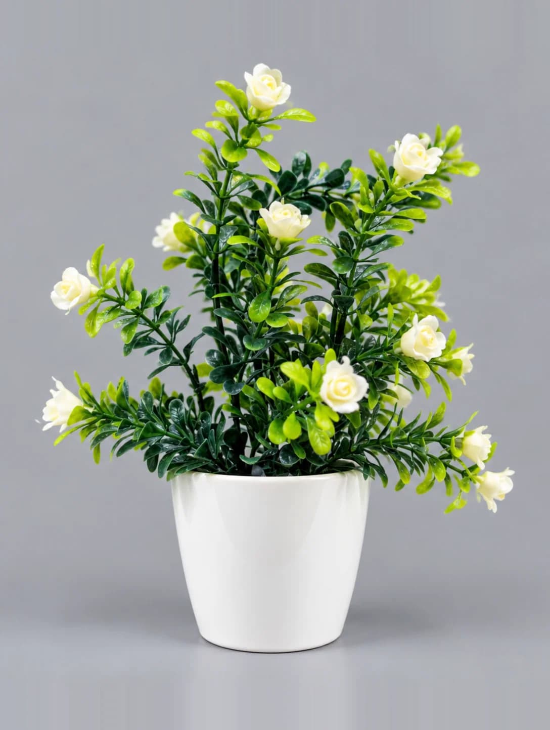 Artificial Cream Rose-Style Flower Plant in White Glossy Pot