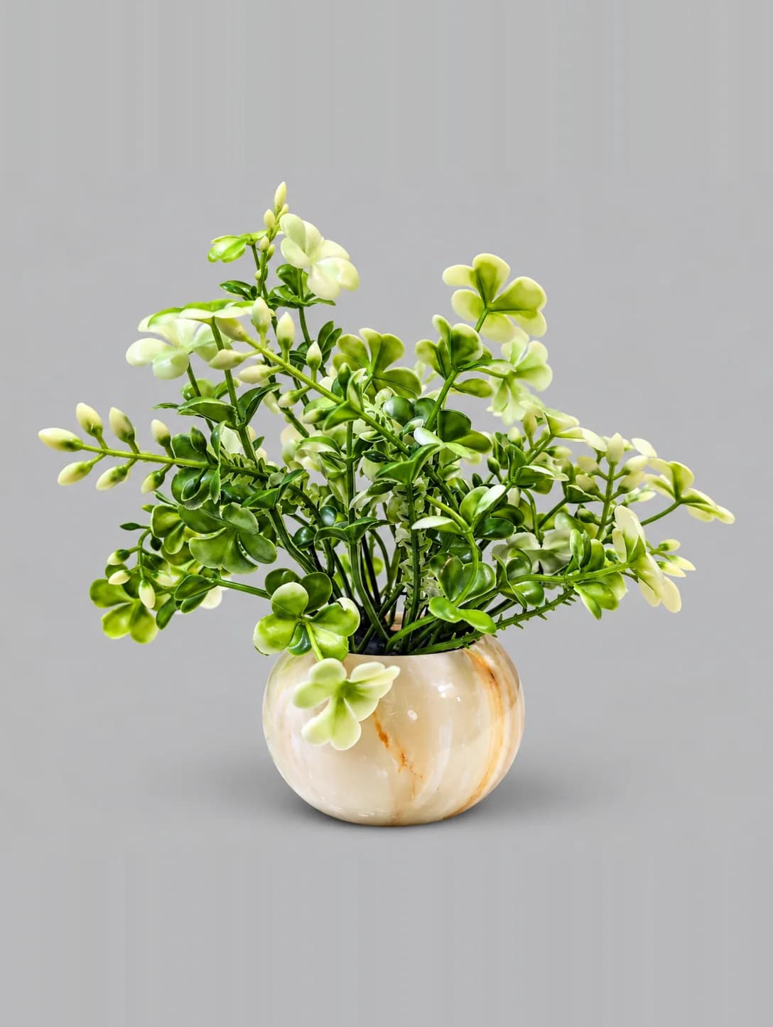 Artificial Green and Cream Clover Leaf Plant in Cream Marble-Look Round Pot