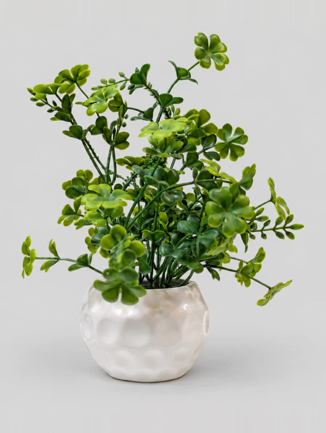 Artificial Green Clover Leaf Plant in White Dimpled Round Pot