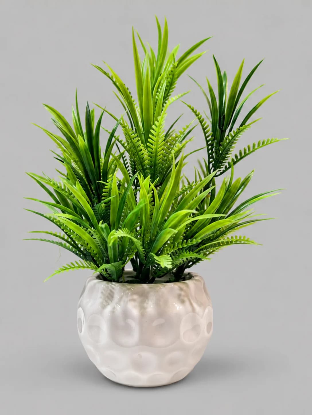 Artificial Green Fern Grass Plant in White Dimpled Round Pot