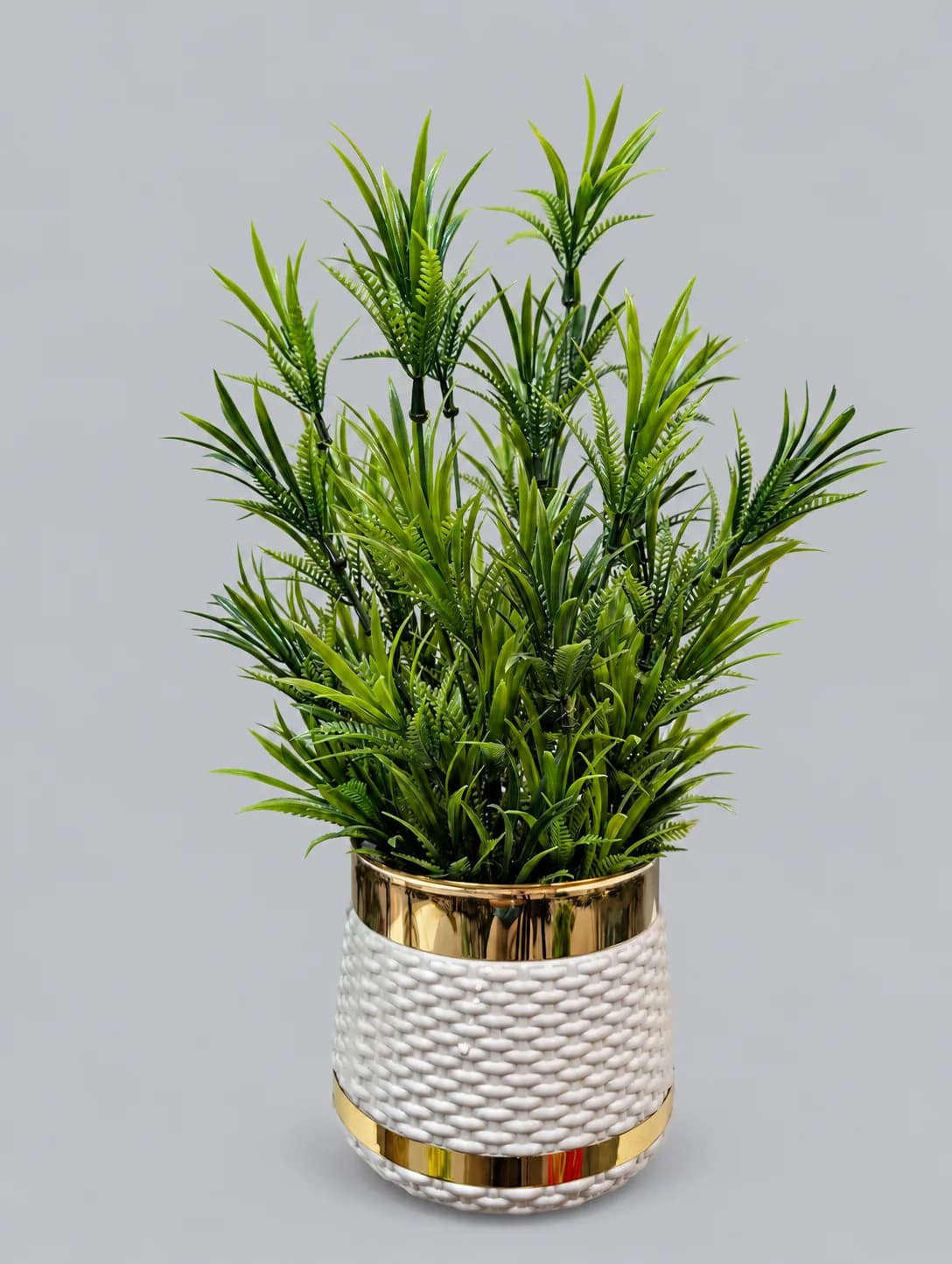 Artificial Green Fern Grass Plant in White Woven Gold Band Pot