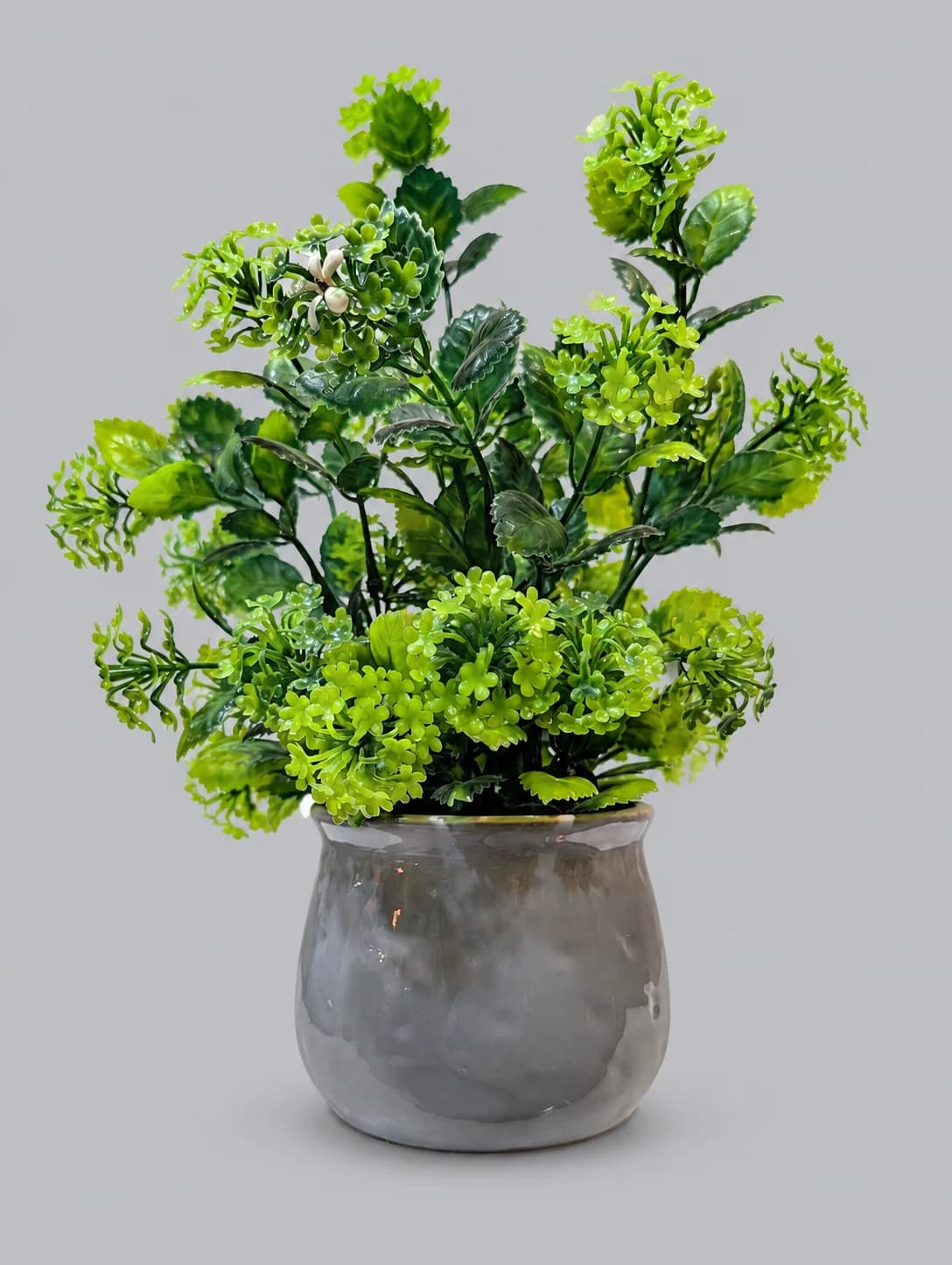 Artificial Green Hydrangea-Style Plant in Grey Glossy Pot