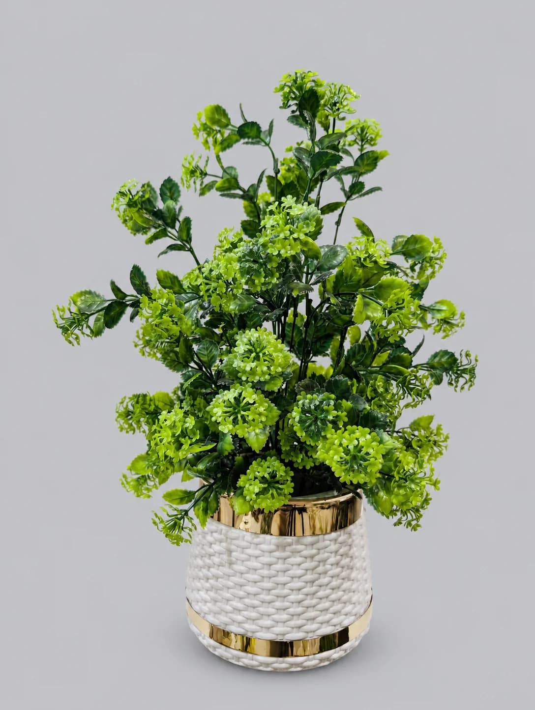 Artificial Green Hydrangea-Style Plant in White Woven Gold Band Pot