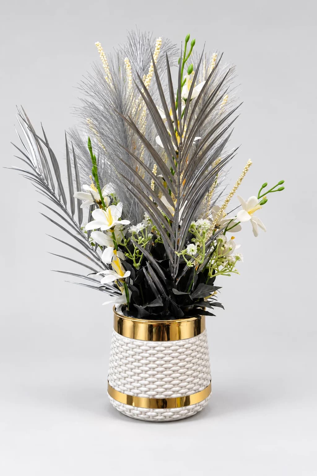 Artificial Grey Palm and White Orchid Arrangement in White Woven Gold Band Pot