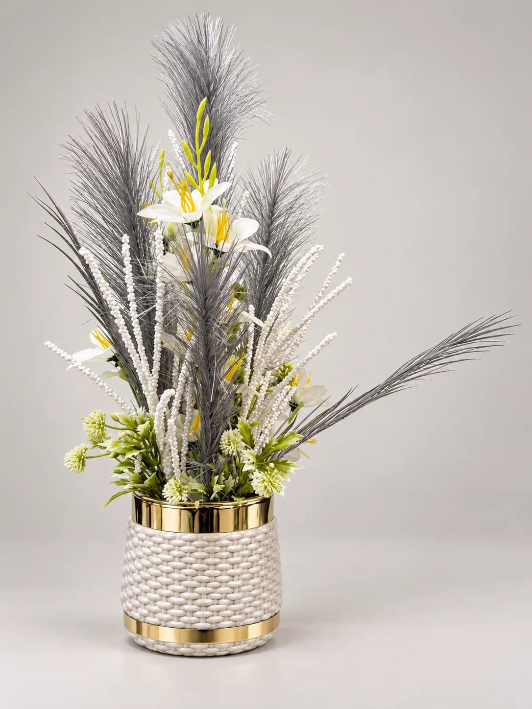 Artificial Grey Pampas and White Lily Arrangement in Cream Woven Gold Band Pot