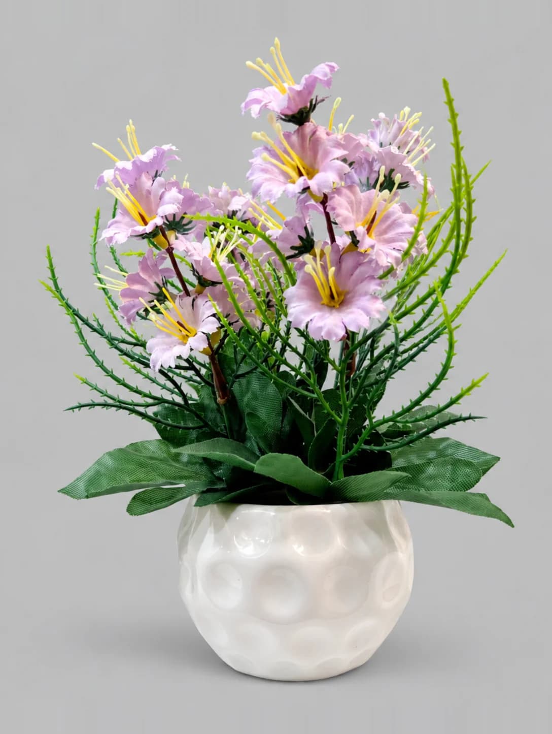 Artificial Lilac Lily-Style Flower Arrangement in White Dimpled Round Pot
