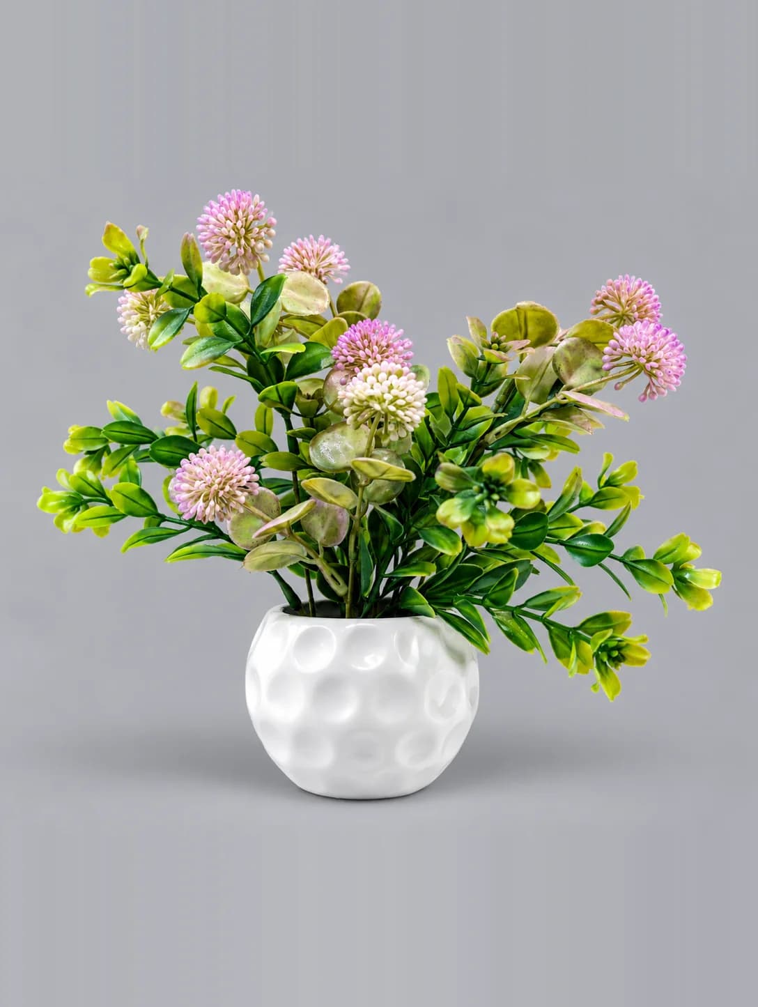Artificial Lilac Pompom Flower Plant in White Dimpled Round Pot