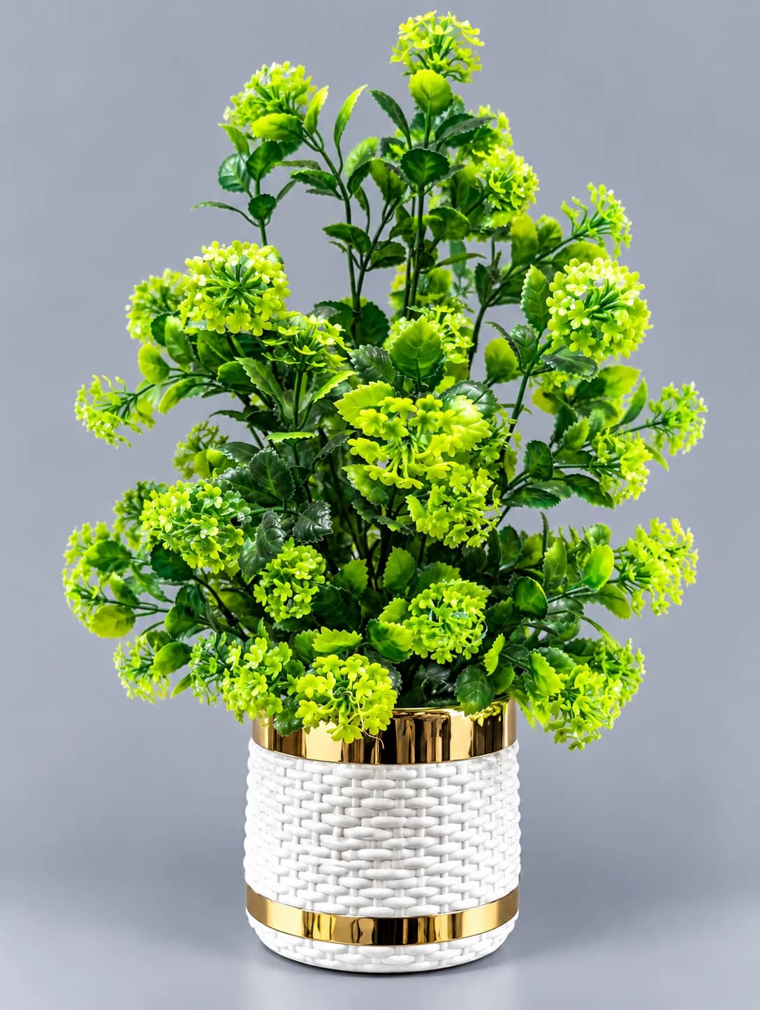 Artificial Lime Green Hydrangea Flower Arrangement in White Woven Gold Band Pot