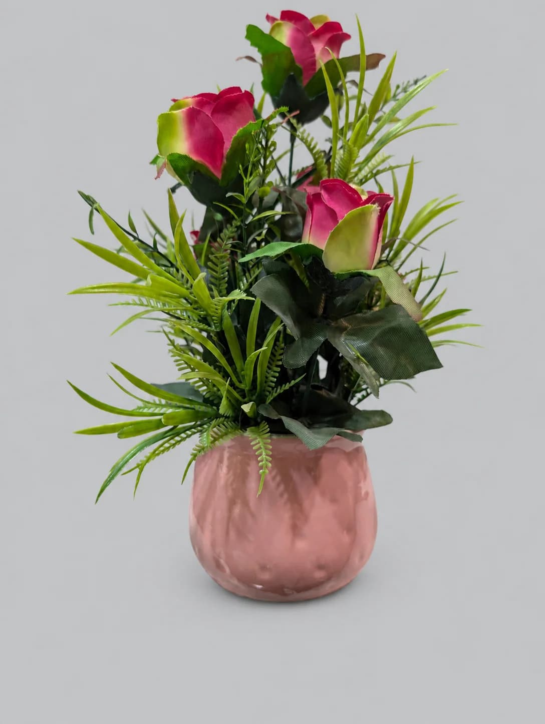 Artificial Pink and Green Rosebud Flower Arrangement in Dusty Pink Pot