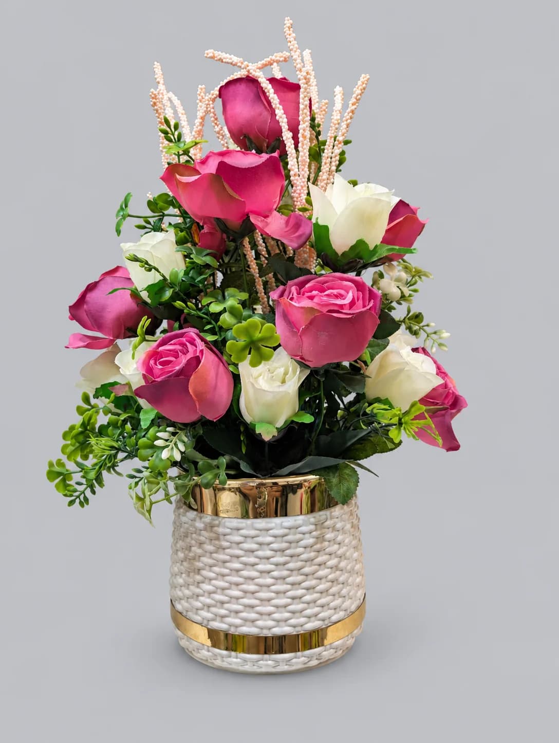 Artificial Pink and White Rose Flower Arrangement in White Woven Gold Band Pot