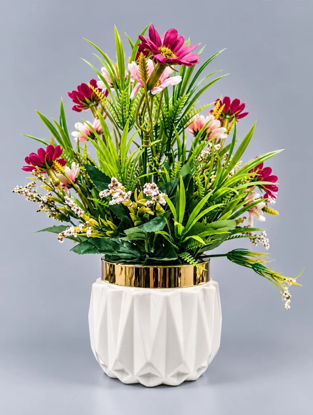 Artificial Pink Daisy-Style Flower Arrangement in White Geometric Gold Collar Pot