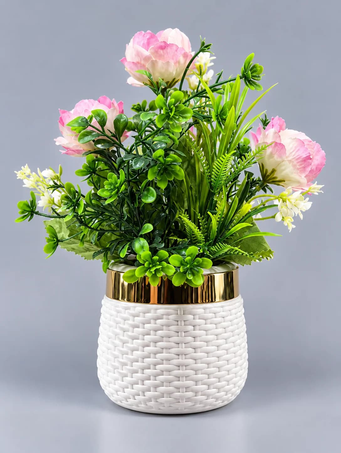 Artificial Pink Peony-Style Flower Arrangement in White Woven Gold Band Pot