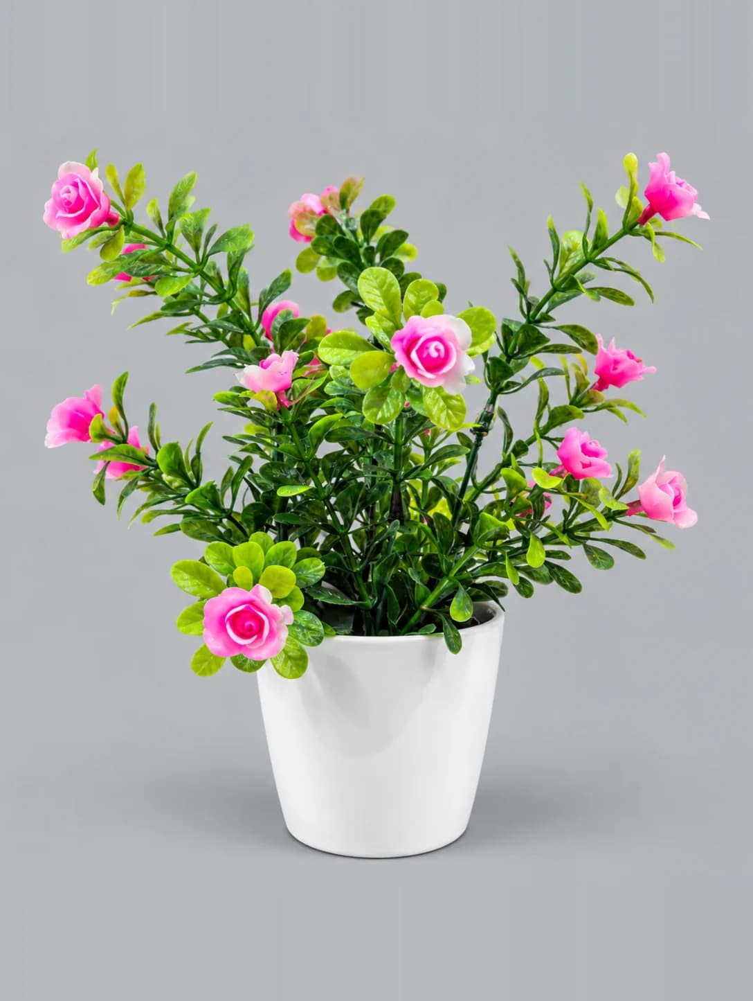 Artificial Pink Rose-Style Flower Plant in White Glossy Pot