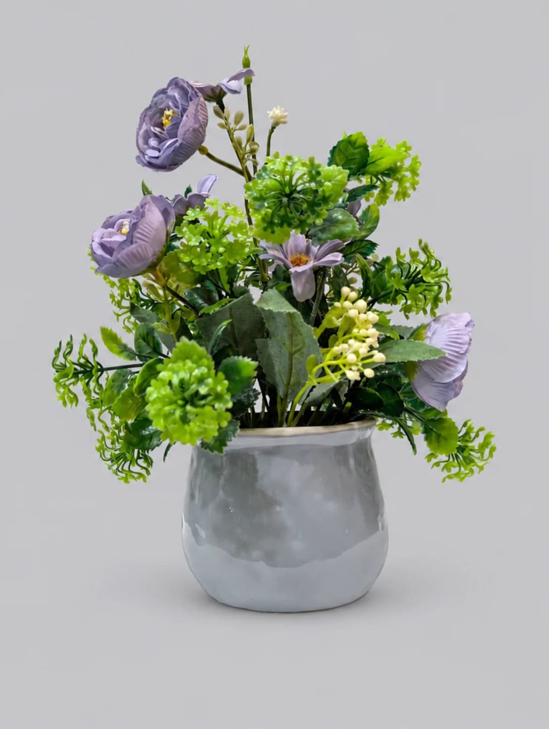 Artificial Purple Rose and Green Flower Arrangement in Grey Pot