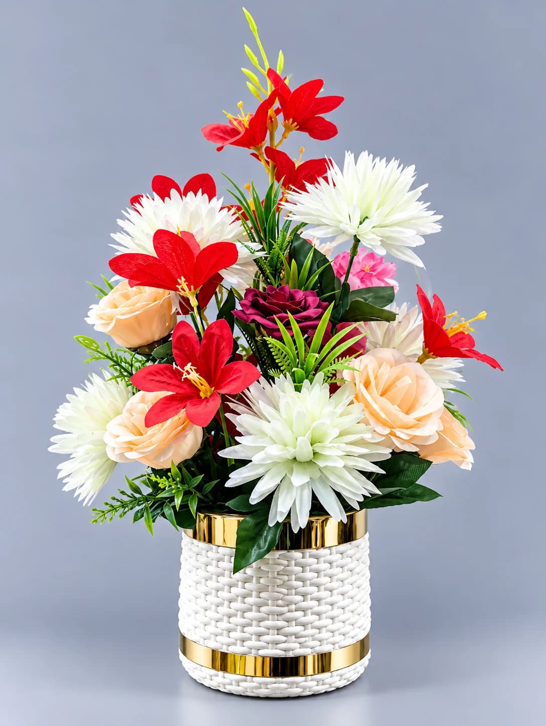 Artificial Red and Peach Flower Arrangement in White Woven Gold Band Pot