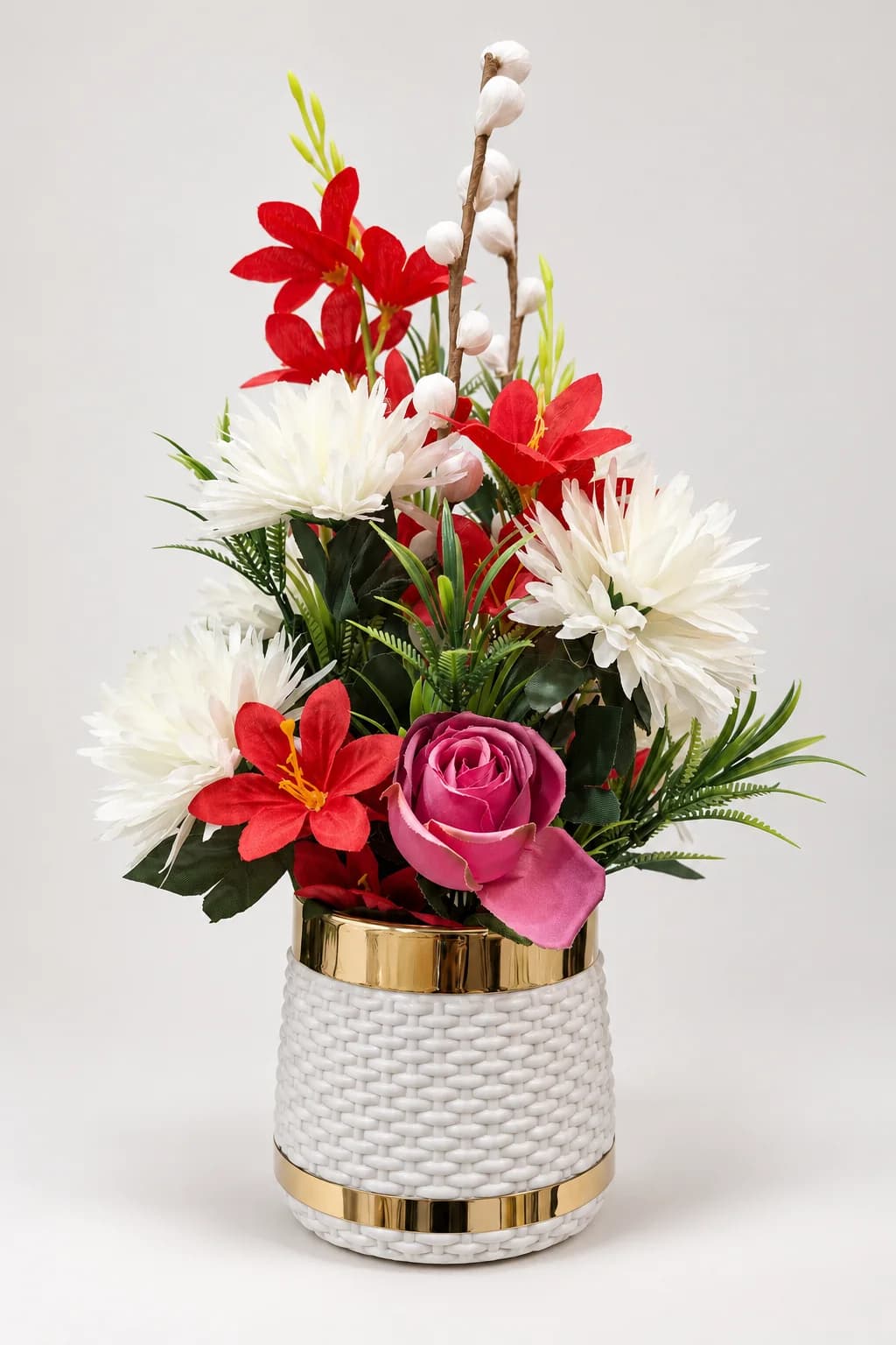 Artificial Red and White Flower Arrangement with Pink Rose in White Woven Pot