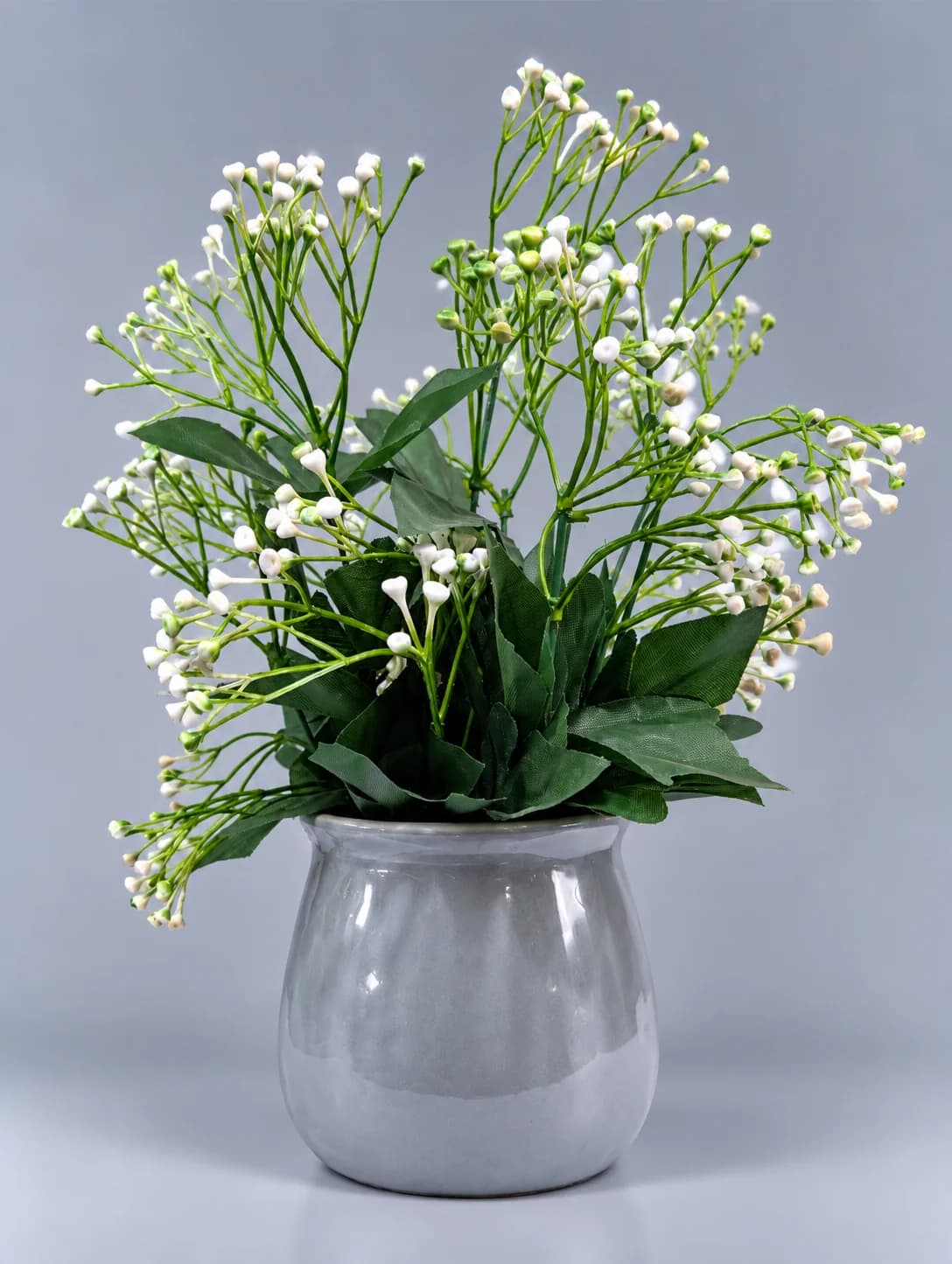 Artificial White Baby Breath-Style Flower Arrangement in Grey Glossy Pot