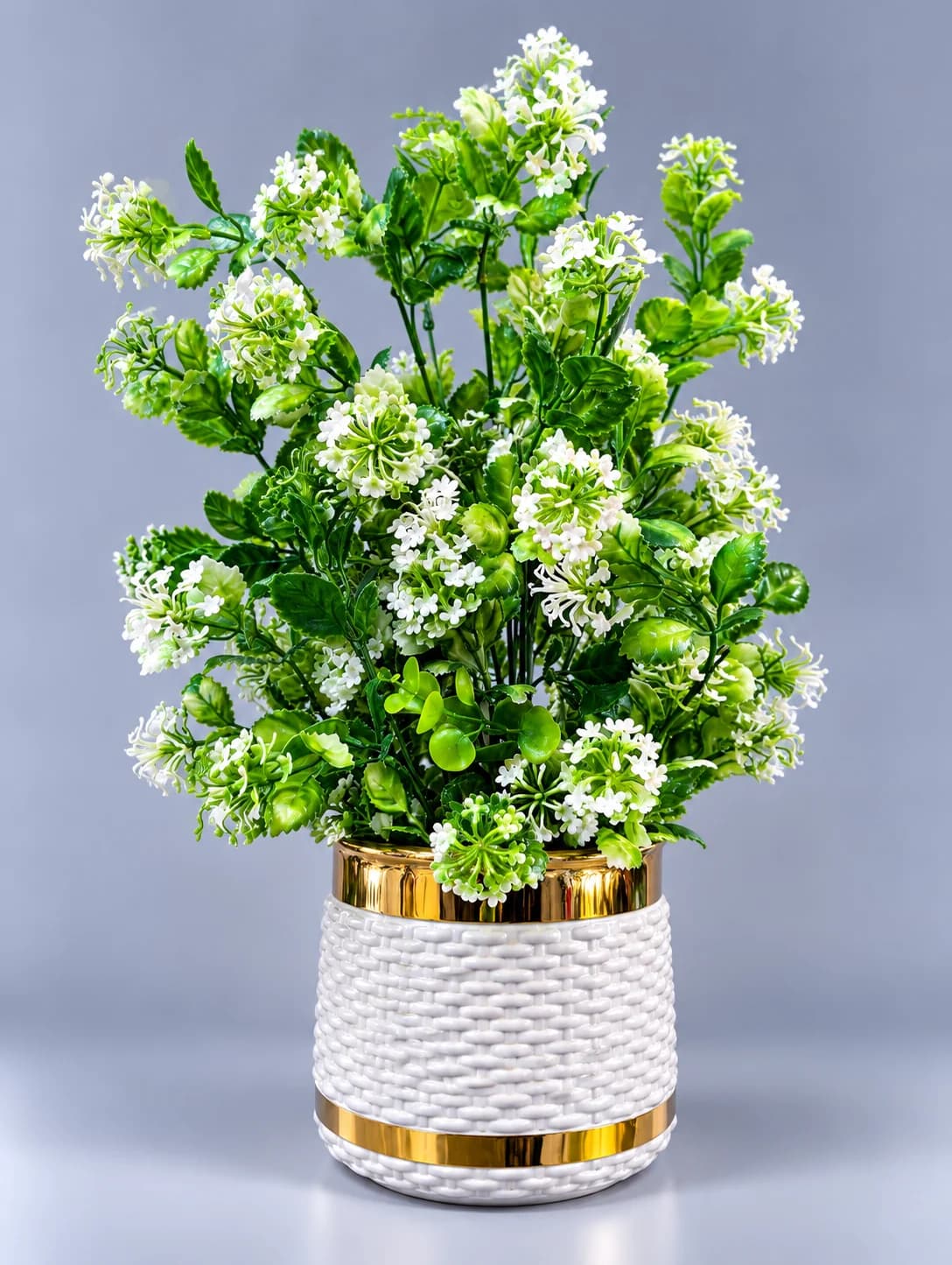 Artificial White Hydrangea-Style Flower Arrangement in White Woven Gold Band Pot