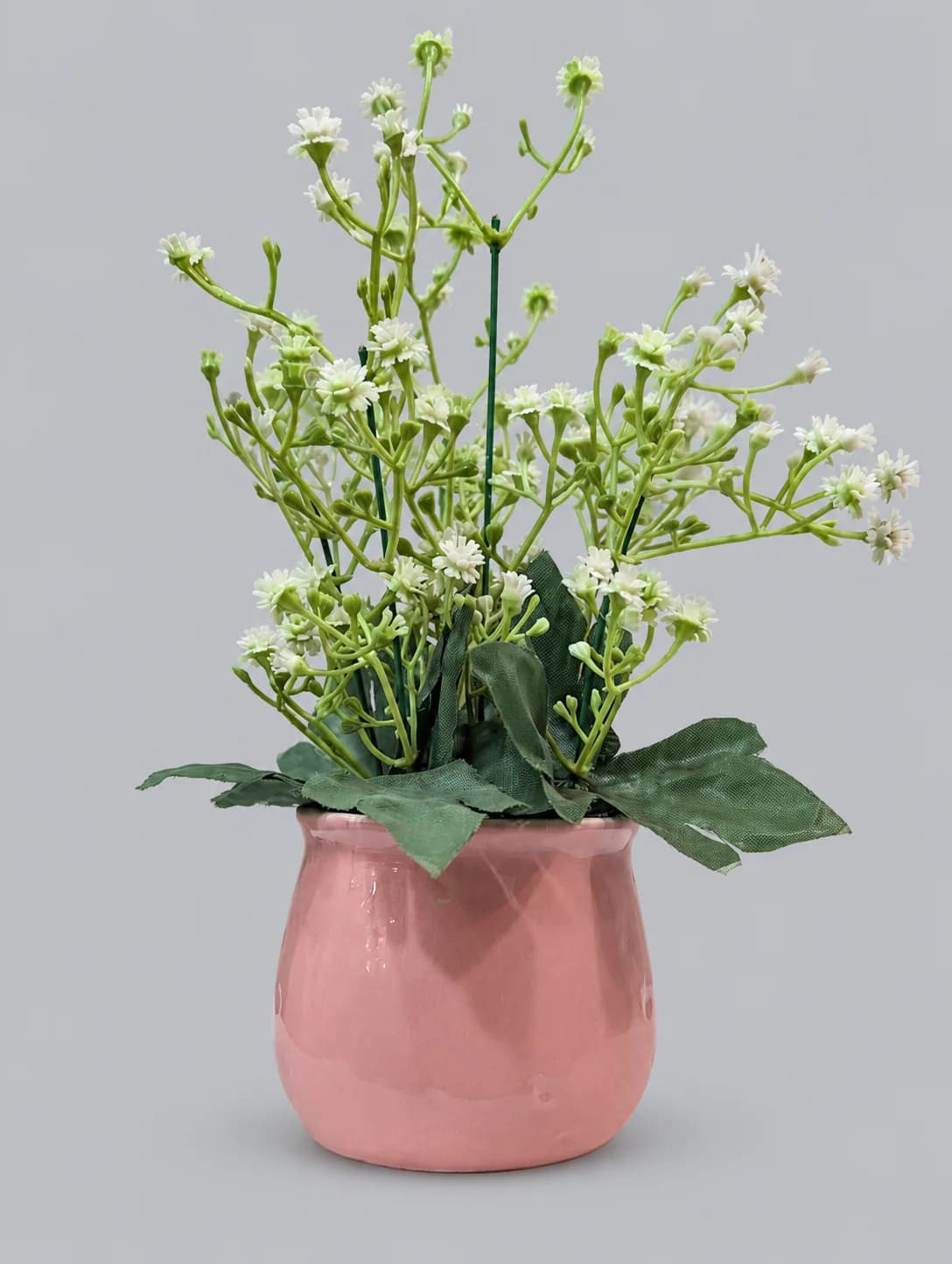 Artificial White Mini Daisy-Style Flower Arrangement in Pink Glossy Pot