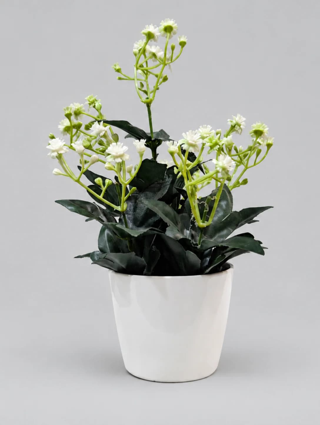 Artificial White Mini Daisy-Style Flower Plant with Green Stems in White Pot