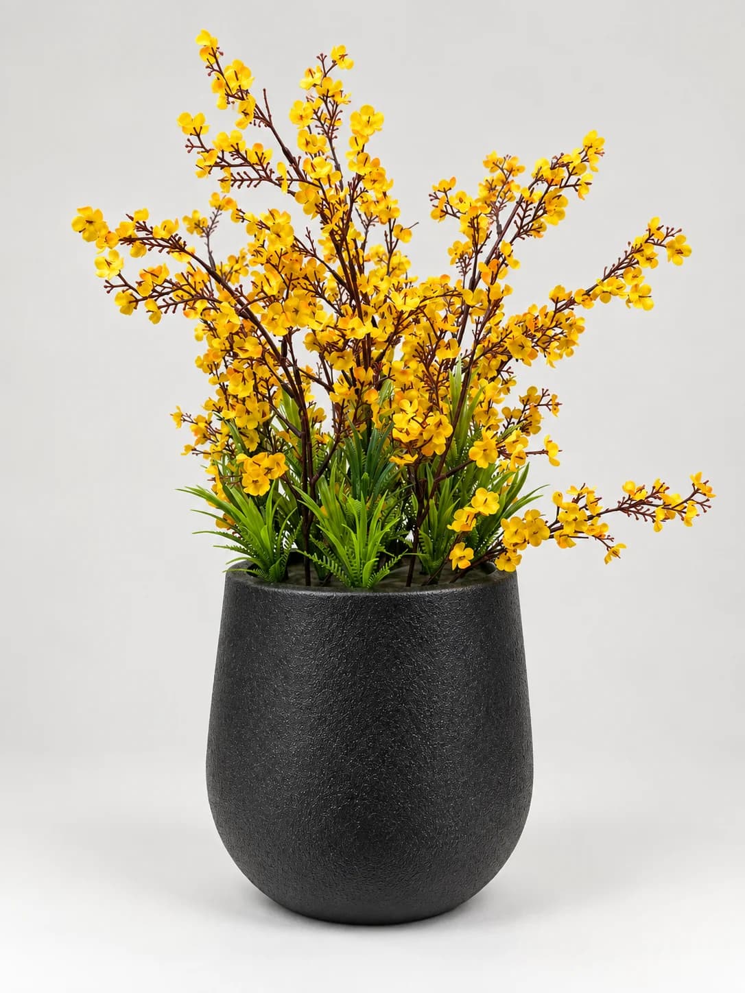 Artificial Yellow Blossom Branch Arrangement in Black Textured Pot