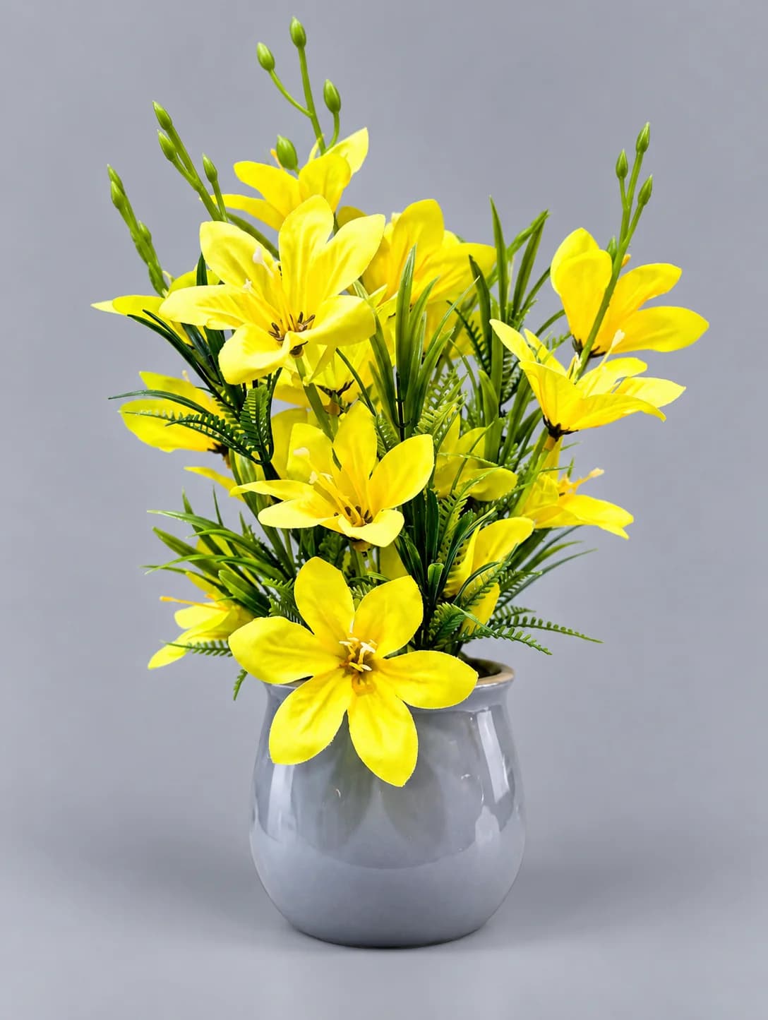 Artificial Yellow Lily-Style Flower Arrangement in Grey Glossy Pot