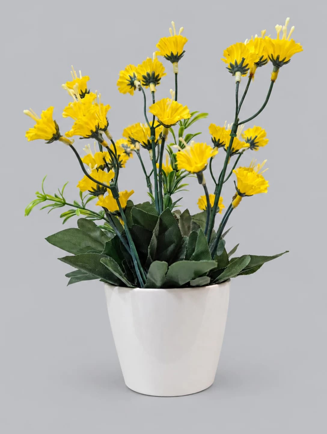 Artificial Yellow Marigold-Style Flower Plant with Dark Leaves in White Pot