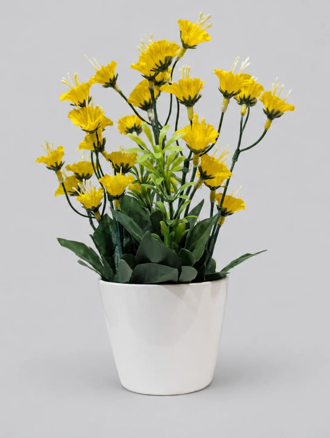 Artificial Yellow Marigold-Style Flower Plant with Light Green Foliage in White Pot