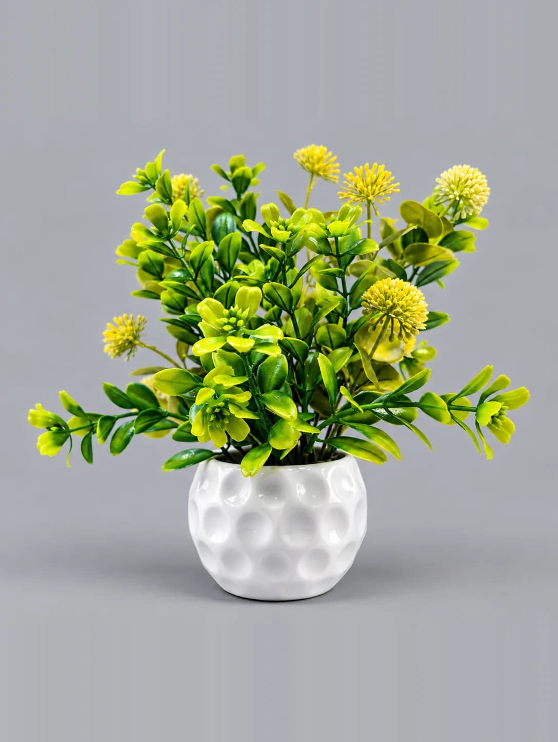 Artificial Yellow Pompom Flower Plant in White Dimpled Round Pot