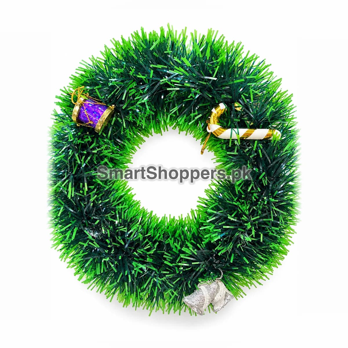 Round green tinsel Christmas wreath with a purple drum, a gold and white candy cane and silver bells